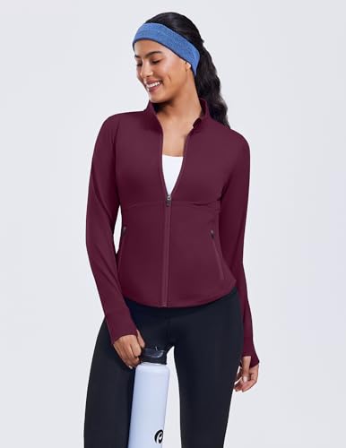 PINSPARK Women's Cropped Workout Jacket Lightweight Full Zip Running Jacket - color: Red Merlot, size: Small