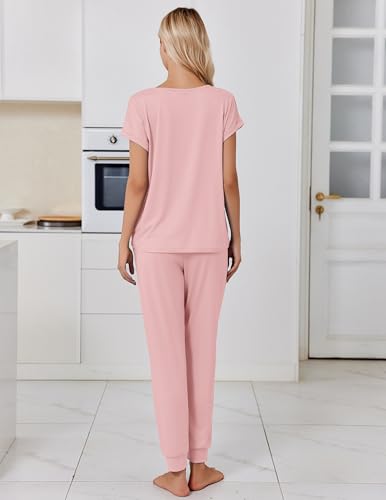Ekouaer Womens Pajama Sets 2 Piece Lounge Set Short Sleeve Jogger Pants Pjs - color: Pink, size: Medium