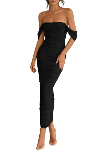 PRETTYGARDEN Womens Off Shoulder Maxi Wedding Guest Dress - color: Black, size: XX-Large