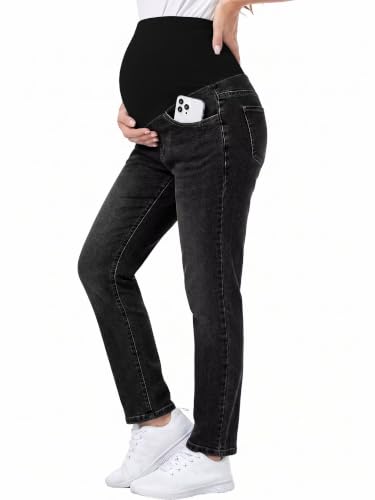 Yoklass Over The Belly Maternity Jeans Long Pants with Pockets - color: A04: Dark Grey, size: Medium