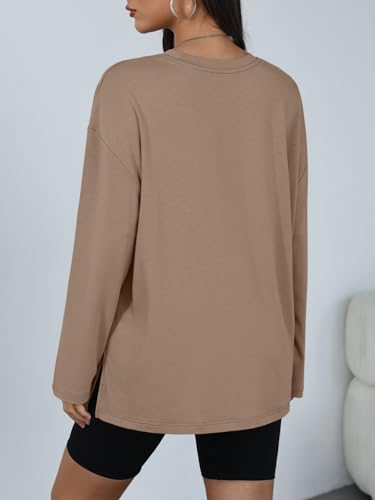 Trendy Queen Womens Oversized Side Slit Long Sleeve Shirts Fall Tops - color: Khaki, size: Small