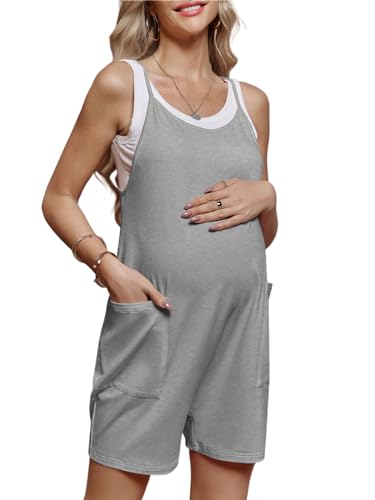 FMEYOA Maternity Romper Sleeveless Overall Shorts Jumpsuit with Pockets - color: Grey, size: Medium