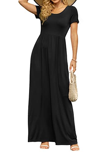DB MOON Women's Summer Maxi Dress Casual Short Sleeve Empire Waist Pockets - color: Black, size: Medium