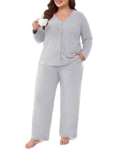 Plus Size Pajama Set for Women Long Sleeve Loose Fit Loungewear - color: Light Gray, size: 3X-Large Plus