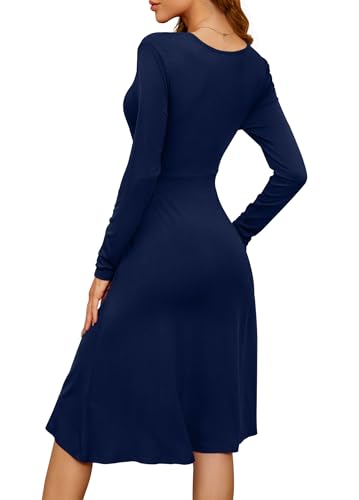WEACZZY Women's Long Sleeve V Neck Casual Fall Dresses with Pockets - color: 01 Long Sleeve Navy Blue, size: Medium