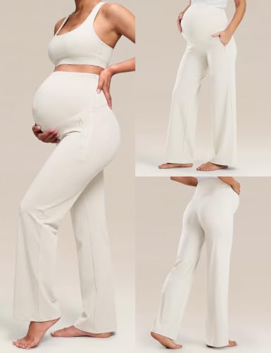 JOYSPELS Smooth Feeling Wide-Leg Maternity Work Pants Soft Pregnancy Yoga Pants with Zippered Pockets Over The Belly - color: Lightgray, size: Medium