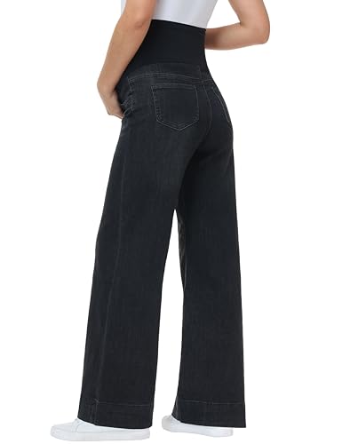 Maternity Jeans Wide Leg Loose Pregnancy Denim Pants - color: Washed Black, size: XX-Large