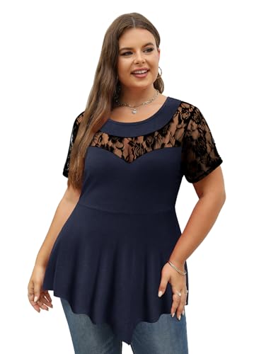 Magritta Women's Short Sleeve Crew Neck Plus Size Tunic Tops - color: Deepblue, size: 2X