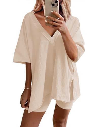 Ekouaer Womens 2 Piece Lounge Set Oversized V Neck Top Biker Short Pajamas - color: Champagne, size: Medium
