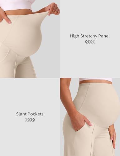 Mama Land Maternity Work Dress Pants, Stretchy Wide Leg with Pockets - color: Light Khaki, size: Medium