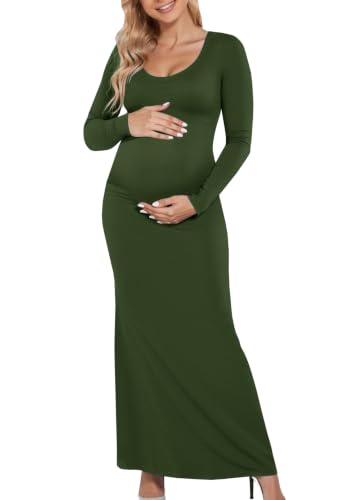 Yousify Womens Maternity Maxi Dress Long Sleeve Slim Fit Pregnancy Clothes - color: Army Green, size: Medium
