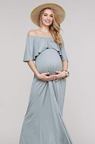 My Bump Women's Ruffle Off The Shoulder Maxi Maternity Dress-Made in USA - color: Blue Grey Solid, size: Medium