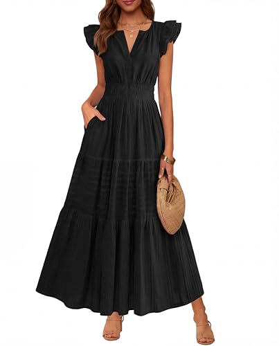 BTFBM Womens Summer Casual Ruffle Sleeve Maxi Dress - color: Black, size: Medium