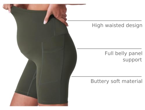 POSHDIVAH 3/4 Pack Maternity Biker Shorts Over The Belly with Pockets 5"/8" - color: Black/Grey/Green 8", size: Small