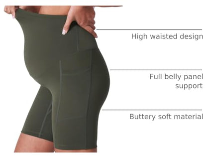 POSHDIVAH 3/4 Pack Maternity Biker Shorts Over The Belly with Pockets 5"/8" - color: Black/Grey/Green 8", size: Small