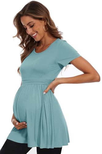 Women's Maternity Tops Short & Long Sleeve Pleated Waist Shirts Pregnancy Clothes - color: Light Green, size: Medium