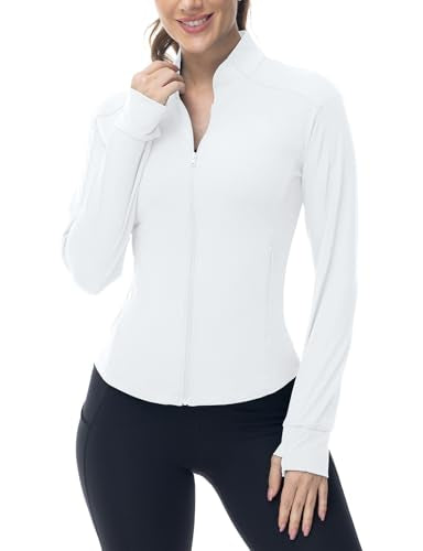 BGOWATU Women's Workout Athletic Jacket Zip Up Running Jackets Thumb Hole - color: White, size: XX-Large
