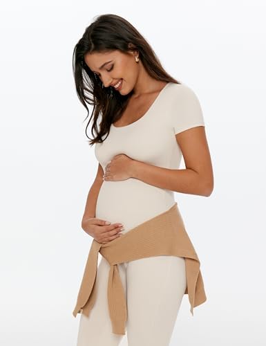 POSHDIVAH Maternity Jumpsuit Romper Leggings Short Sleeve - color: Beige, size: X-Large