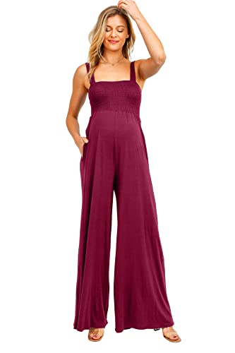 Women's Maternity Sleeveless Jumpsuit Romper with Smocked neck and pockets - color: Magenta, size: X-Large