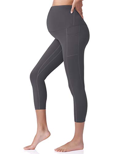 POSHDIVAH Maternity Capri Leggings with Pockets Pregnancy Workout Pants - color: Black Gray, size: X-Small