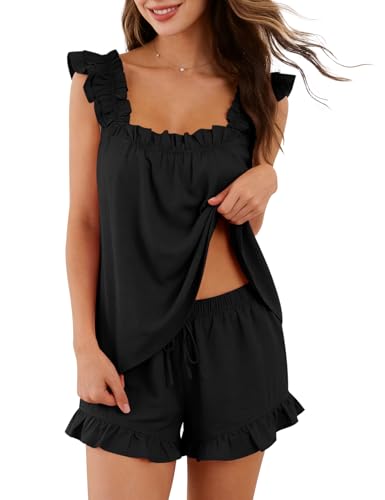 COZYPOIN Women's 2‑Piece Cotton Ruffle Bridal Pajama Set - color: Black, size: Medium