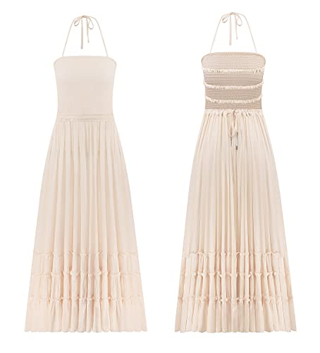 R.Vivimos Womens Summer Boho Sexy Backless Long Dresses - color: Beige, size: X-Large