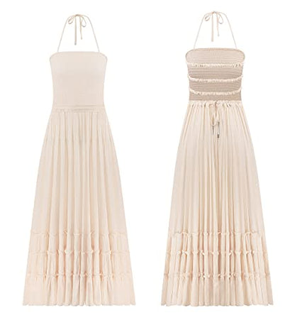 R.Vivimos Womens Summer Boho Sexy Backless Long Dresses - color: Beige, size: Large