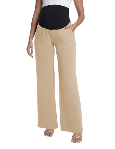 Foucome Maternity Pants Over Belly Summer Wide Leg Beach Pants - color: Khaki, size: Large