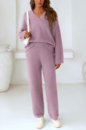 PRETTYGARDEN Lounge Sets for Women 2 Piece Pajama Set - color: Bean Paste Purple, size: Large