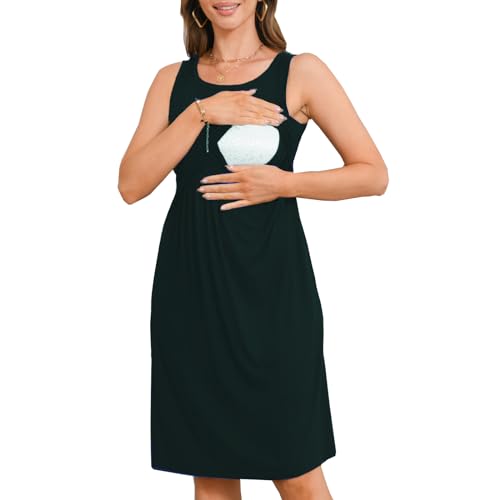 Bearsland Women's Sleeveless Maternity Dress Nursing Breastfeeding Dresses with Pockets - color: Green, size: Medium