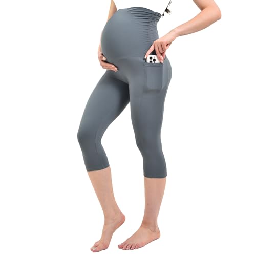 Ipletix Maternity Capris Leggings with Pockets Pregnancy Yoga Pants - color: Grey, size: X-Large