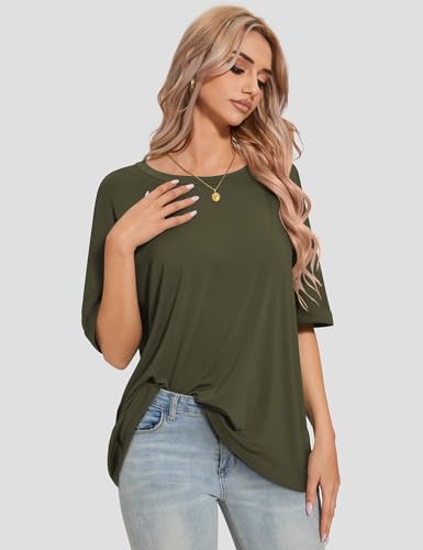 UEU Women's Oversized Crewneck T-Shirt Casual Loose Tunic Tops - color: Army Green, size: Medium