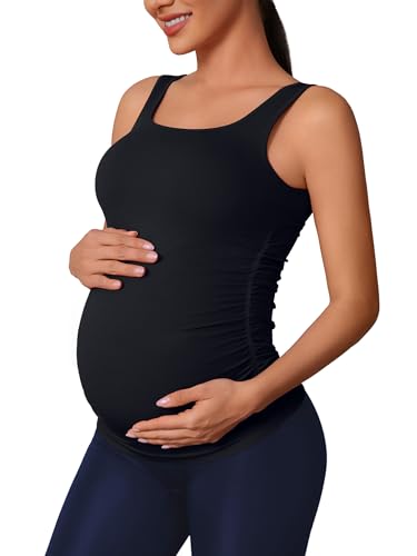 ATTRACO Maternity Tank Tops Seamless Side Ruche Sleeveless Pregnancy Basic Shirt with Built in Bra - color: Black, size: X-Large