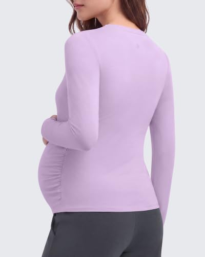 G4Free Lyocell Maternity Shirts Long Sleeve Button Front Henley Neck Ruched - color: Light Purple, size: XX-Large