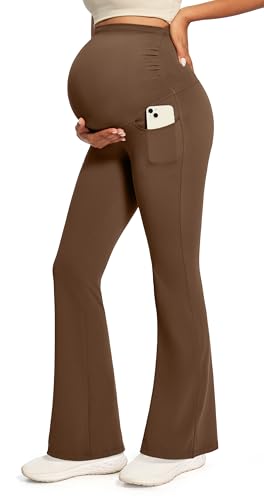 IUGA Maternity Yoga Pants for Work Maternity Flare Leggings for Women with Pockets Soft Pregnancy Over The Belly - color: Brown, size: Medium
