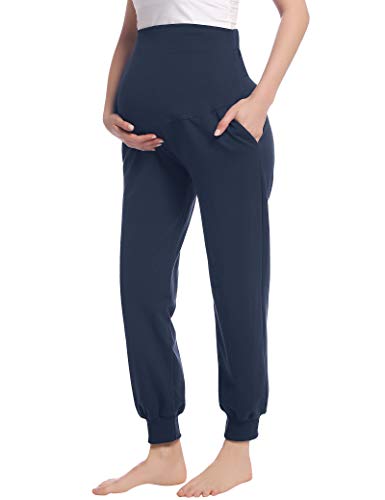 Joyaria Cotton Maternity Jogger Pants Over-the-Belly,Maternity Clothes - color: Navy Blue, size: XX-Large