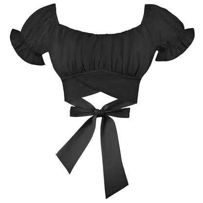 Women's Crop Tops Ruffle Short Sleeve Tie Back Off Shoulder Blouse - color: Black, size: Medium