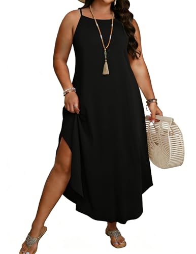 POGTMM Womens Plus Size Dress Boho Sleeveless Maxi Long Halter Sundress - color: Black, size: 4X-Large