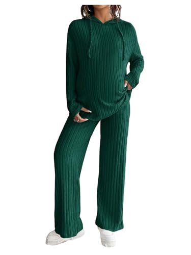 MakeMeChic Women's Maternity 2 Piece Sets Ribbed Knit Hoodie Pants Outfits - color: Dark Green Solid, size: Large