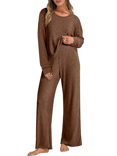 ANRABESS Women 2 Piece Lounge Pajamas Sets Casual Fall Outfits - color: Brown, size: Medium