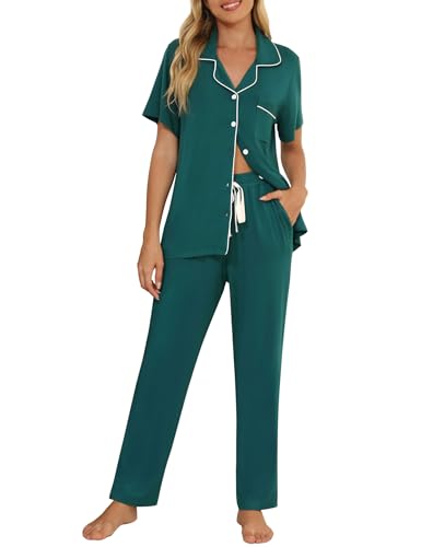Senert Womens 2 Piece Pajamas Set Button Down Top and Pants Soft Sleepwear - color: Green, size: Medium