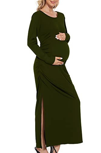 Smallshow Women's Ruched Long Sleeve Split Maternity Dress - color: Army Green, size: Large