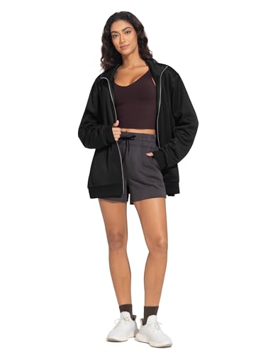 THE GYM PEOPLE Women's Oversized Zip Up Sweatshirts Fleece Mock Neck Jacket - color: Black, size: X-Large