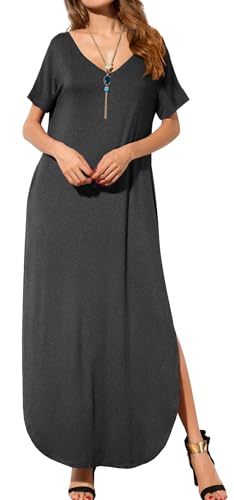 GRECERELLE Women's Summer Maxi Dress Casual Loose V Neck Short Sleeve Side Split Long Dresses with Functional Pockets - color: Dark Gray, size: X-Large