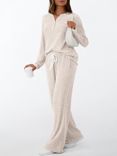 LILLUSORY Women's 2 Piece Matching Lounge Sets 2026 Trendy Fall Outfits - color: Apricot, size: Medium