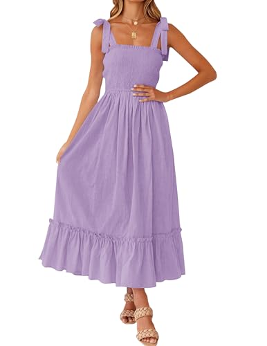 Tobrief Women's Boho Dress Summer Spaghetti Strap Square Neck Flowy Ruffle Beach Long Maxi Dress - color: Purple, size: Large
