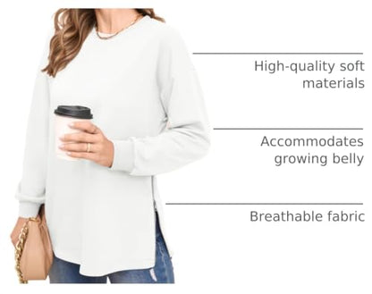 Women's Maternity Shirts Long Sleeve Sweatshirt Zipper Split Side Pregnancy Casual Tunic Top - color: Off-white, size: XX-Large