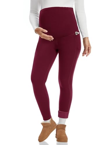Happy.angel Women's Thick Fleece Lined Maternity Leggings with Pockets - color: Wine Red, size: Medium