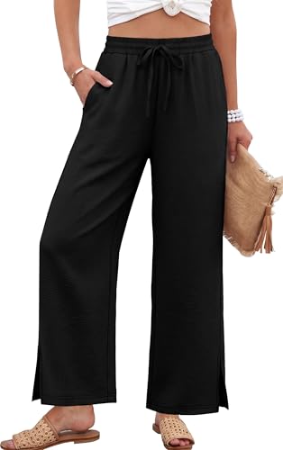 Sampeel Womens Wide Leg Beach Pants Elastic Waist Lightweight Casual Flowy Palazzo Lounge Trousers with Pockets - color: Black, size: Small