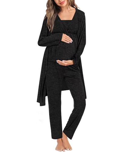 SWOMOG Maternity Nursing Pajamas Set 3 Piece Breastfeeding 3 in 1 Labor Delivery Sleevless Tops Long Pants Pregnancy Pjs - color: Sleeveless-black Grey, size: Medium